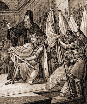 Клятва Псковского кн. Довмонта 1269 г. Литография Б. А. Чорикова по рис. Кумминга. 1836 г. (ГПБИ)